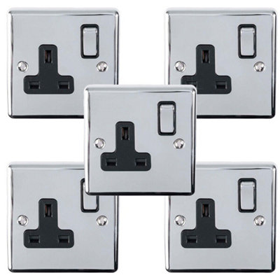 5 PACK 1 Gang Single UK Plug Socket POLISHED CHROME 13A Switched Black Trim