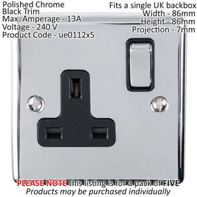 5 PACK 1 Gang Single UK Plug Socket POLISHED CHROME 13A Switched Black Trim