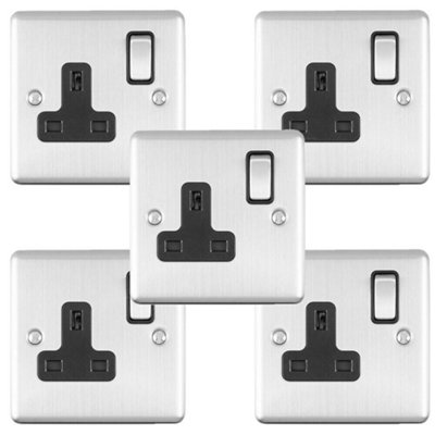 5 PACK 1 Gang Single UK Plug Socket SATIN STEEL 13A Switched Black Trim ...