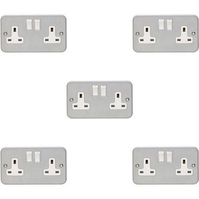 5 PACK 2 Gang Double 13A Switched UK Plug Socket HEAVY DUTY METAL CLAD Power