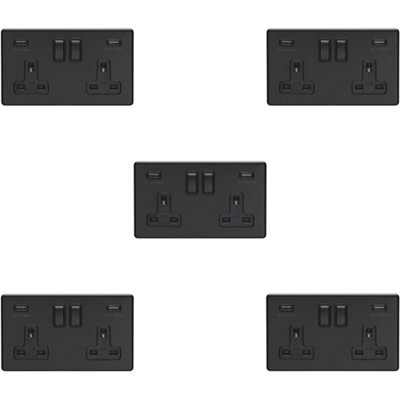 5 PACK 2 Gang Double 13A UK Plug Socket & 2.1A USB-A SCREWLESS MATT BLACK