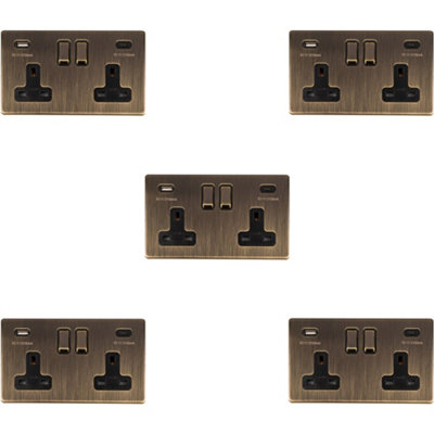 5 PACK 2 Gang Double 13A UK Plug Socket & 2x 3.1A USB-C SCREWLESS ANTIQUE BRASS