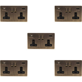 5 PACK 2 Gang Double 13A UK Plug Socket & 2x 3.1A USB-C SCREWLESS ANTIQUE BRASS
