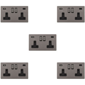 5 PACK 2 Gang Double 13A UK Plug Socket & 2x 3.1A USB-C SCREWLESS BLACK NICKEL
