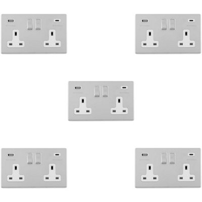 5 PACK 2 Gang Double 13A UK Plug Socket & 2x 3.1A USB-C SCREWLESS CHROME Charger