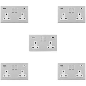 5 PACK 2 Gang Double 13A UK Plug Socket & 2x 3.1A USB-C SCREWLESS CHROME Charger