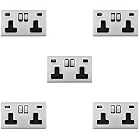 5 PACK 2 Gang Double 13A UK Plug Socket & 2x 3.1A USB-C SCREWLESS SATIN STEEL
