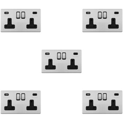 5 PACK 2 Gang Double 13A UK Plug Socket & 2x 3.1A USB-C SCREWLESS SATIN STEEL
