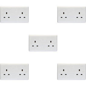 5 PACK 2 Gang Double 13A Unswitched UK Plug Socket - WHITE Wall Power Outlet