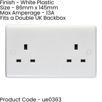 5 PACK 2 Gang Double 13A Unswitched UK Plug Socket - WHITE Wall Power Outlet
