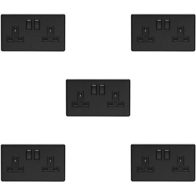 5 PACK 2 Gang Double DP 13A Switched UK Plug Socket SCREWLESS MATT BLACK Wall Power
