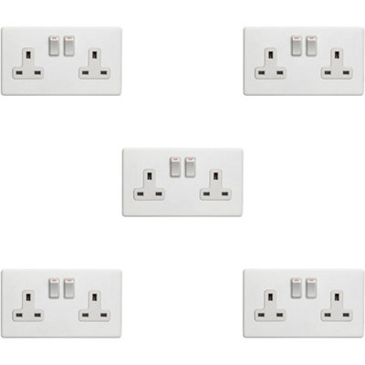5 PACK 2 Gang Double DP 13A Switched UK Plug Socket SCREWLESS MATT WHITE Power