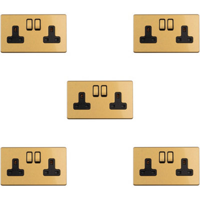 5 PACK 2 Gang Double DP 13A Switched UK Plug Socket SCREWLESS SATIN BRASS Power