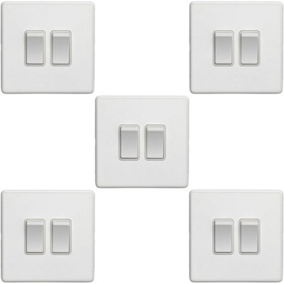 5 PACK 2 Gang Double Light Switch SCREWLESS MATT WHITE 2 Way 10A Slim Rocker