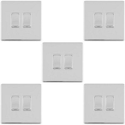 5 PACK 2 Gang Double Light Switch SCREWLESS POLISHED CHROME 2 Way 10A Rocker