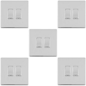 5 PACK 2 Gang Double Light Switch SCREWLESS POLISHED CHROME 2 Way 10A Rocker