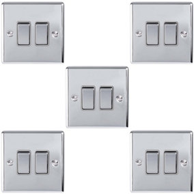 5 PACK 2 Gang Double Metal Light Switch POLISHED CHROME 2 Way 10A GREY Trim