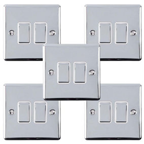 5 PACK 2 Gang Double Metal Light Switch POLISHED CHROME 2 Way 10A White Trim