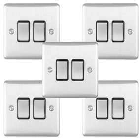 5 PACK 2 Gang Double Metal Light Switch SATIN STEEL 2 Way 10A Black Trim