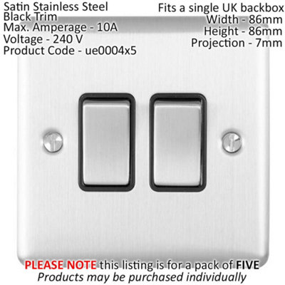 5 PACK 2 Gang Double Metal Light Switch SATIN STEEL 2 Way 10A Black Trim