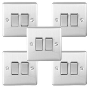 5 PACK 2 Gang Double Metal Light Switch SATIN STEEL 2 Way 10A Grey Trim