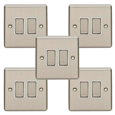 5 PACK 2 Gang Double Metal Light Switch SATIN STEEL 2 Way 10A White Trim