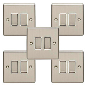 5 PACK 2 Gang Double Metal Light Switch SATIN STEEL 2 Way 10A White Trim