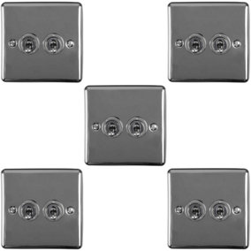 5 PACK 2 Gang Double Retro Toggle Light Switch BLACK NICKEL 10A 2 Way Plate