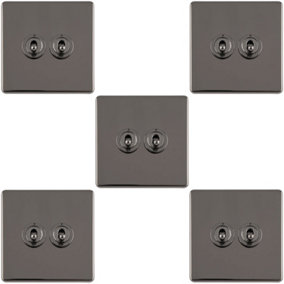 5 PACK 2 Gang Double Retro Toggle Light Switch SCREWLESS BLACK NICKEL 10A 2 Way