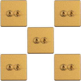 5 PACK 2 Gang Double Retro Toggle Light Switch SCREWLESS SATIN BRASS 10A 2 Way