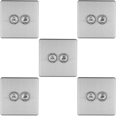 5 PACK 2 Gang Double Retro Toggle Light Switch SCREWLESS SATIN STEEL 10A 2 Way