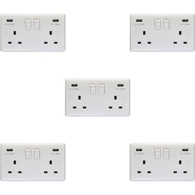 5 PACK 2 Gang Double UK Plug Socket & 2.1A USB-A Charger WHITE 13A Switched