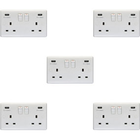 5 PACK 2 Gang Double UK Plug Socket & 2.1A USB-A Charger WHITE 13A Switched