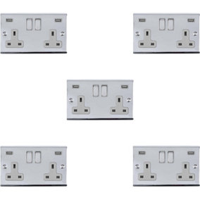 5 PACK 2 Gang Double UK Plug Socket & 2.1A USB-A CHROME & GREY 13A Switched