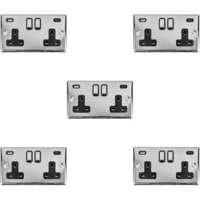 5 PACK 2 Gang Double UK Plug Socket & Dual 3.1A USB-C & A CHROME 13A Switched