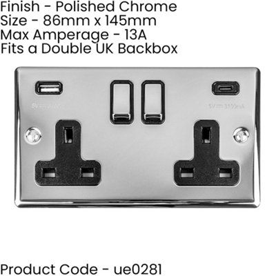 5 PACK 2 Gang Double UK Plug Socket & Dual 3.1A USB-C & A CHROME 13A ...