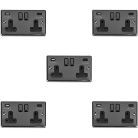 5 PACK 2 Gang Double UK Plug Socket & Dual 3.1A USB-C BLACK NICKEL 13A Switched
