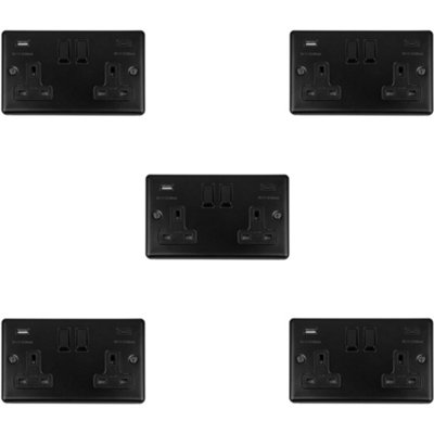 5 PACK 2 Gang Double UK Plug Socket & Dual 3.1A USB-C MATT BLACK 13A Switched