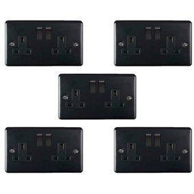 5 PACK 2 Gang Double UK Plug Socket MATT BLACK 13A Switched Power Outlet