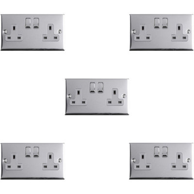 5 PACK 2 Gang Double UK Plug Socket POLISHED CHROME 13A Switched GREY Trim