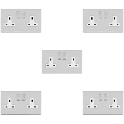 5 PACK 2 Gang DP 13A Switched UK Double Socket SCREWLESS POLISHED CHROME Power