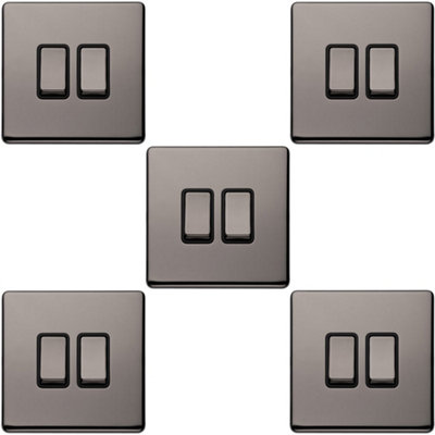 5 PACK 2 Gang Single Light Switch SCREWLESS BLACK NICKEL 2 Way 10A Slim Rocker