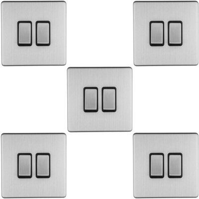 5 PACK 2 Gang Single Light Switch SCREWLESS SATIN STEEL 2 Way 10A Slim Rocker