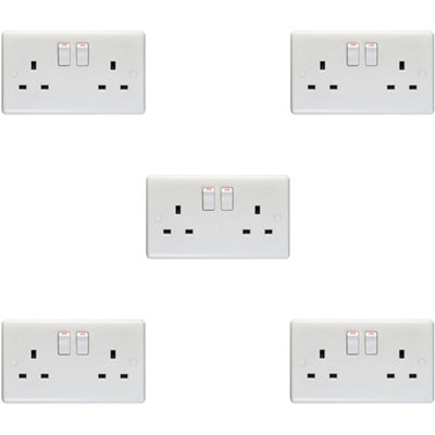 5 PACK 2 Gang Single Pole 13A Switched UK Plug Socket WHITE Double Power Outlet