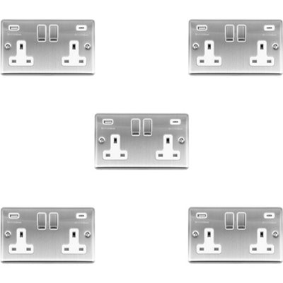 5 PACK 2 Gang UK Plug Socket & 2x 3.1A USB-C & A SATIN STEEL & WHITE 13A Switch