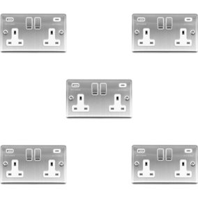 5 PACK 2 Gang UK Plug Socket & 2x 3.1A USB-C & A SATIN STEEL & WHITE 13A Switch
