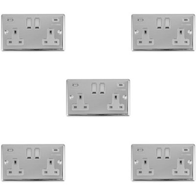 5 PACK 2 Gang UK Plug Socket & Dual 3.1A USB-C & A CHROME & GREY 13A Switched