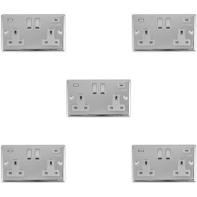 5 PACK 2 Gang UK Plug Socket & Dual 3.1A USB-C & A CHROME & GREY 13A Switched