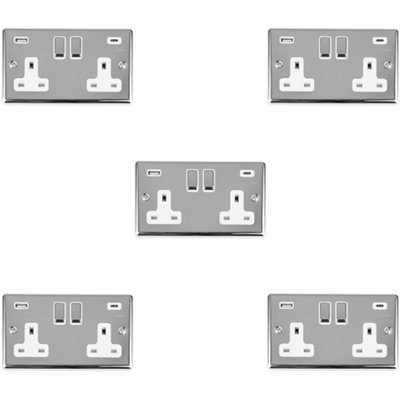 5 PACK 2 Gang UK Plug Socket & Dual 3.1A USB-C & A CHROME & WHITE 13A Switched