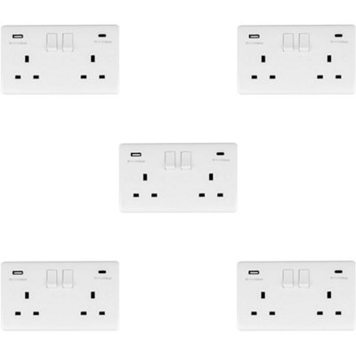 5 PACK 2 Gang UK Plug Socket & Dual 3.1A USB-C & A WHITE PLASTIC 13A Switched